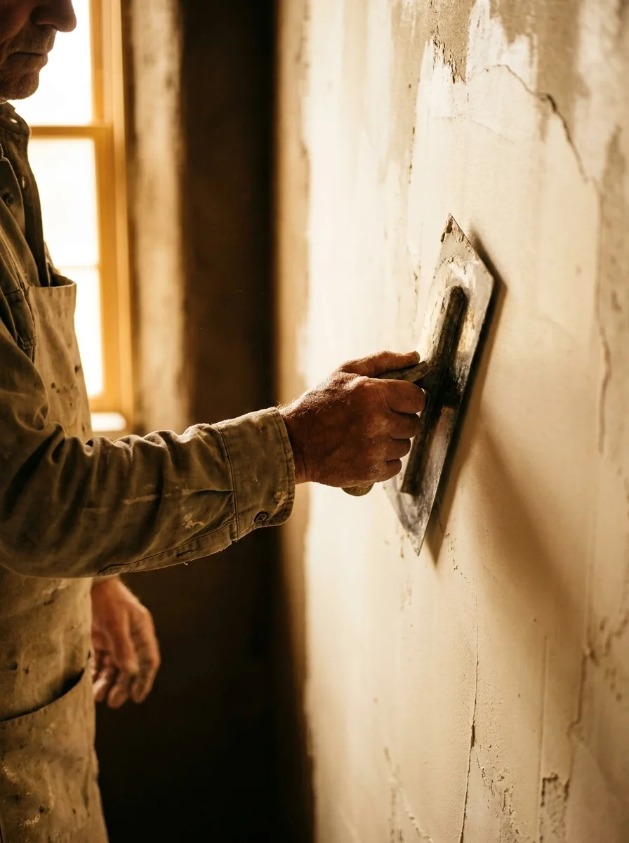 Leo's hands smoothing fresh plaster with a steel trowel