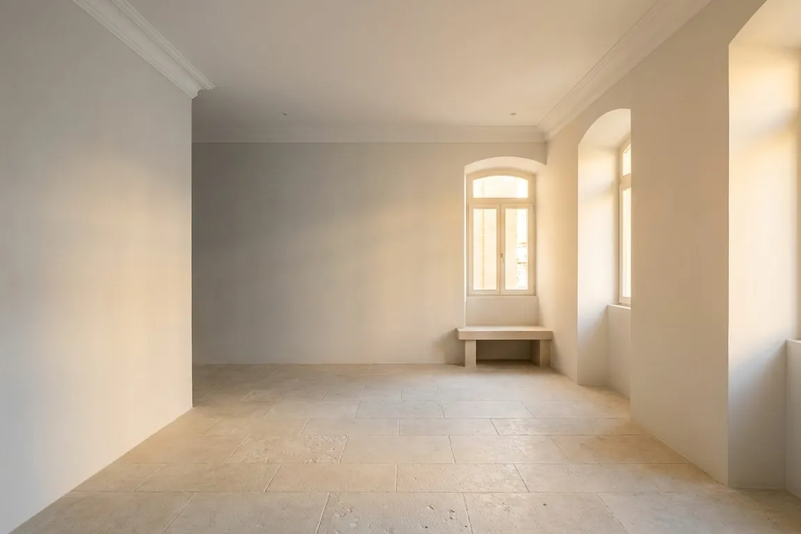 Apartment room with a painted gypsum cornice and arched window