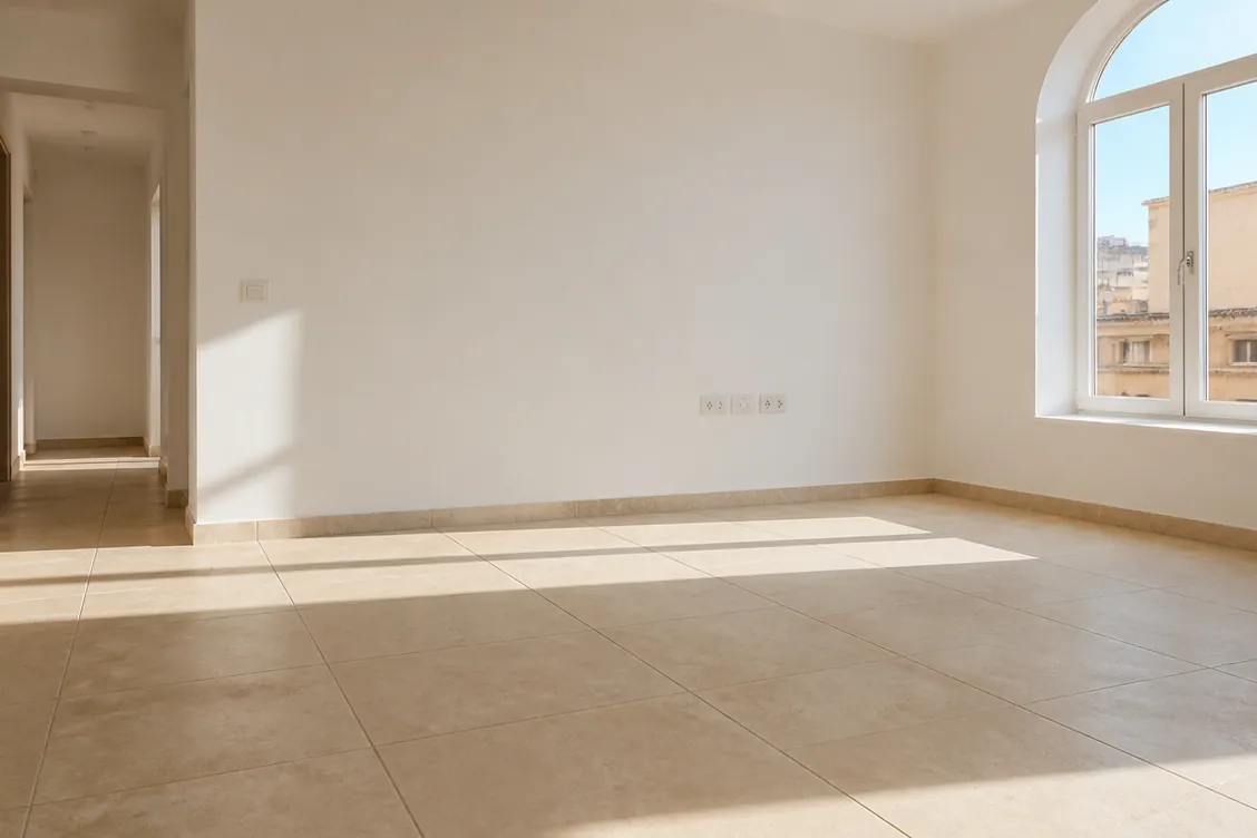 Apartment with large floor tiles and straight grout lines