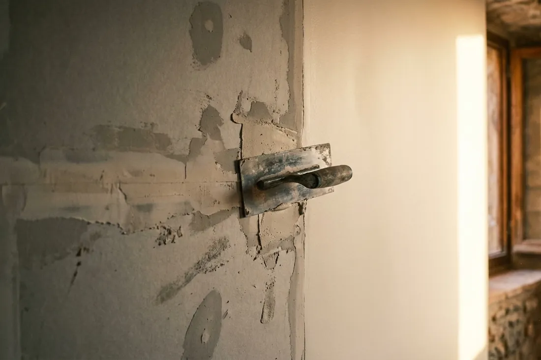 Steel trowel on a half-plastered wall, raw on one side, smooth on the other